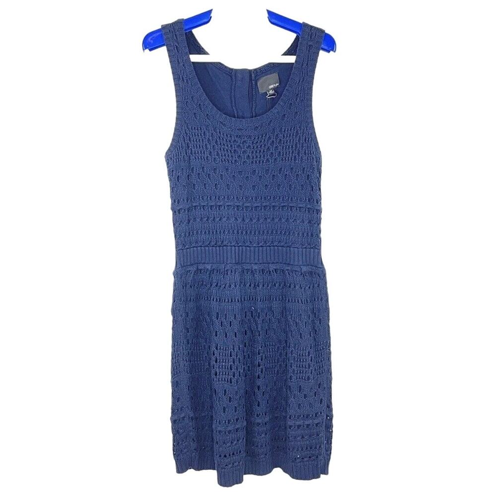 Greylin Anthro Blue Crochet Sleeveless Dress Size Medium Scoop Neck Back Buttons